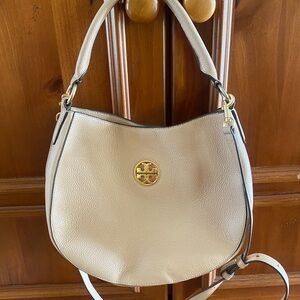 Tory Burch Light Pink Beige Pebbled Leather Hobo with Gold Logo